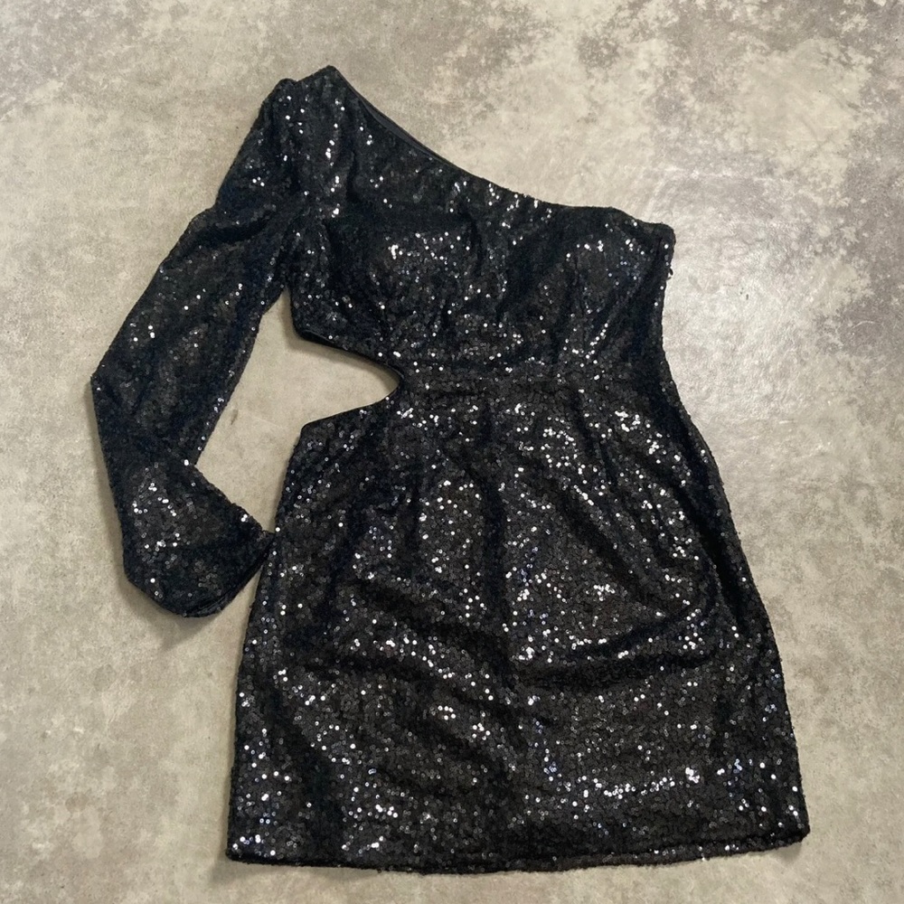 Lulus Dress Womens Large Black Sequin One-Shoulder Bodycon Mini homecoming